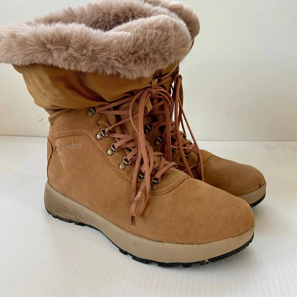 Columbia Slopeside Village Omni Heat Hi Waterproof Snow Boot Tan Suede Womens 10